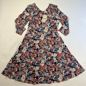 NWT Pact Organic Cotton Blend Fit & Flare 3/4 Sleeve Floral Cosmos Party Dress